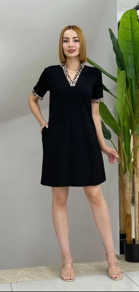 Kadın Kısa Kollu V Yakalı Leopar Desen Detaylı Modal Elbise ürün görseli