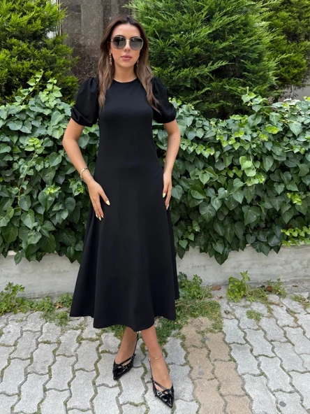 Kadın Kısa Balon Kollu Bisiklet Yaka Geniş Kesim Janjan Krep Elbise - Resim 8