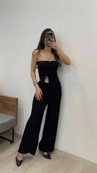 Kadın Sendy Kumaş Bağcık Detaylı Asimetrik Takım - 1