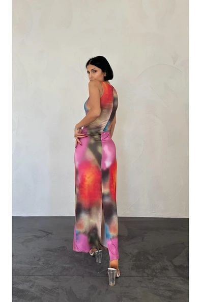 Bej Batik Desenli Elbise - Resim 3