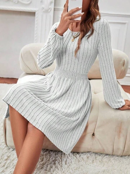 Kadın Uzun Kollu Bisiklet Yaka Beli Lastikli şardonlu Kaşkorse Mini Elbise ürün görseli