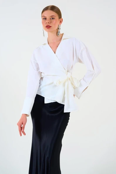 Düz Yandan Bağlamalı Gömlek - Ekru ürün görseli