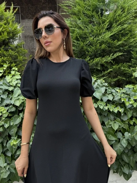 Kadın Kısa Balon Kollu Bisiklet Yaka Geniş Kesim Janjan Krep Elbise - Resim 3