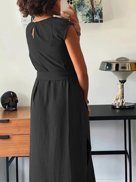 Kadın Kısa Kollu Yuvarlak Yaka Belden Bağcıklı önden Yırtmaçlı Aerobin Elbise - Resim 7