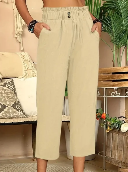 Kadın Bel Büzgü Ve Düğme Detay Kapri Keten Pantolon - Resim 2