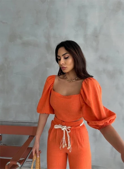 KETEN CROP KARPUZ KOL BLUZ-PANTOLON HASIR KEMERLİ - Orange - Resim 5