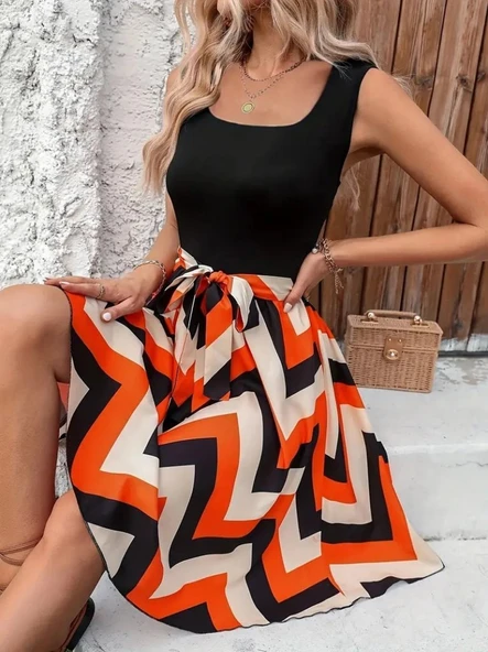 Kadın Askılı Yuvarlak Yakalı Belden Kuşaklı Zikzak Desenli Süprem Elbise - Resim 6