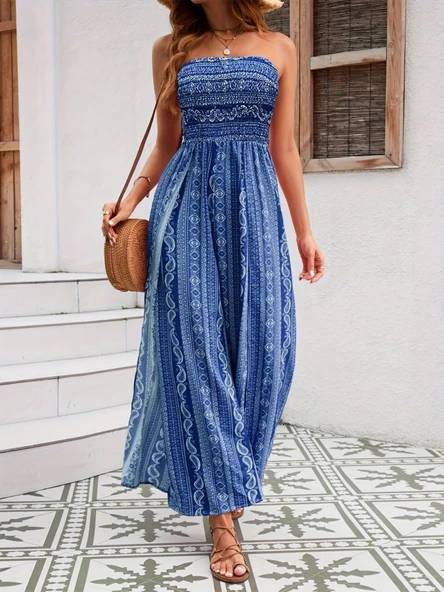 Kadın Yakası Gipe Detaylı önden Yırtmaç Detaylı Desenli Süprem Pantolunetek Tulum - Resim 2