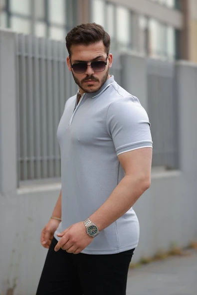 Erkek Fermuar Yakalı çizgi Detaylı Kısa Kollu Tişört - Resim 5