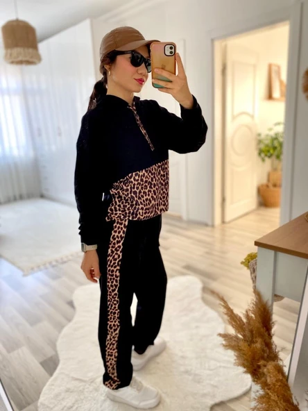 Kadın Uzun Kollu Leopar Detay Sweat Ve Yanı Leopar şerit Detay Pantolon Ikili Takım - Resim 9