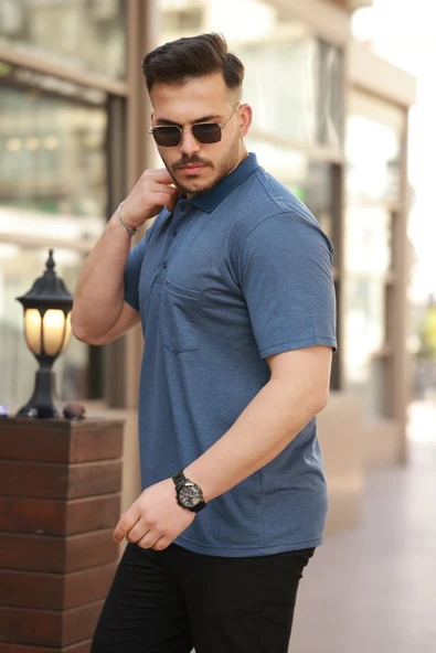 Erkek Yakalı Mini Jakarlı Kısa Kollu T-shirt - Resim 5