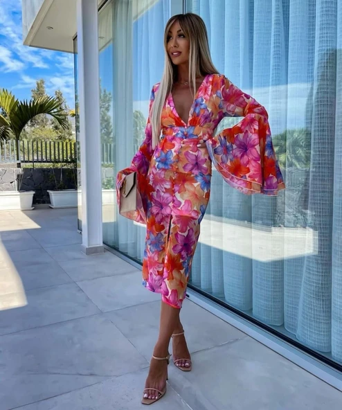 Kadın Göğüs Dekolteli Kolları Volan Detay Astarlı Tül Elbise - Resim 3