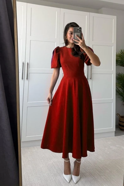 Kadın Kısa Balon Kollu Bisiklet Yaka Geniş Kesim Janjan Krep Elbise - Resim 5