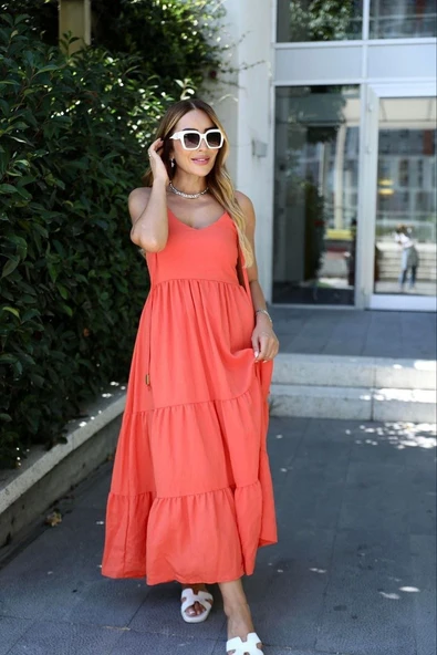 Kadın Keten Kumaş Askılı Ve Volanlı Midi Boy Elbise - Resim 3