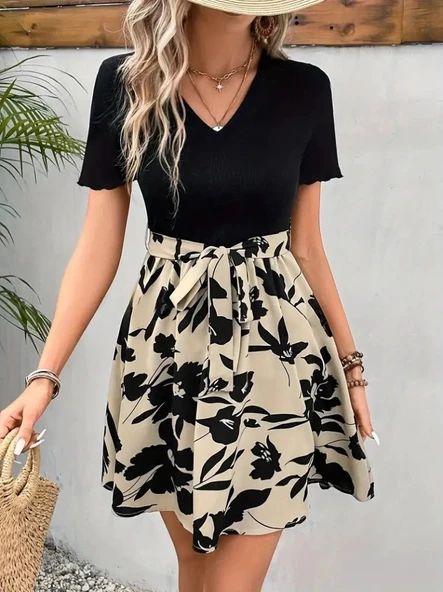 Kadın Kısa Kollu V Yakalı Belden Kuşaklı çiçek Desenli üst Viskon Alt Süprem Elbise - Resim 3