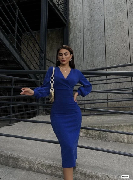 Kadın Kruvaze Yaka Balon Kol Simli Krep Kumaş Midi Boy Elbise - Resim 2