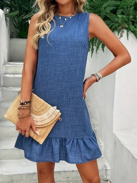 Kadın Kolsuz Bisiklet Yaka Fırfırlı Sofya Elbise - Resim 4