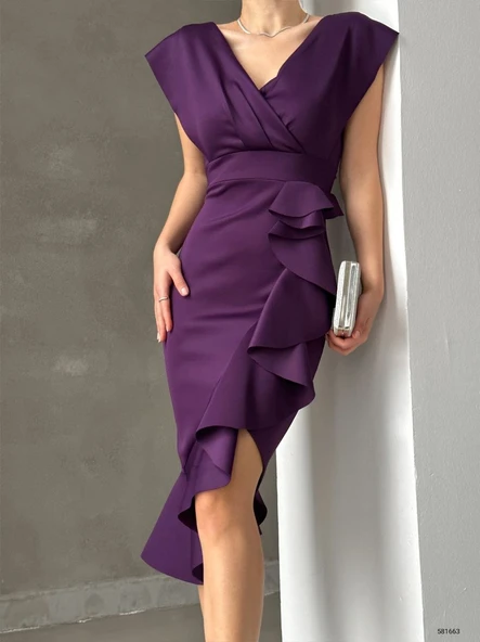 Scuba Kumaş Önü Fırfırlı Midi Boy Elbise - Resim 5