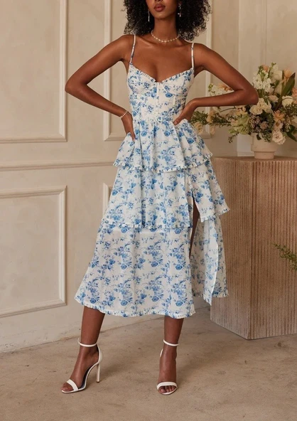 Kadın Sıfır Kol Askılı Dekolteli Yırtmaç Detay çiçek Baskılı Süprem Midi Elbise - Resim 6