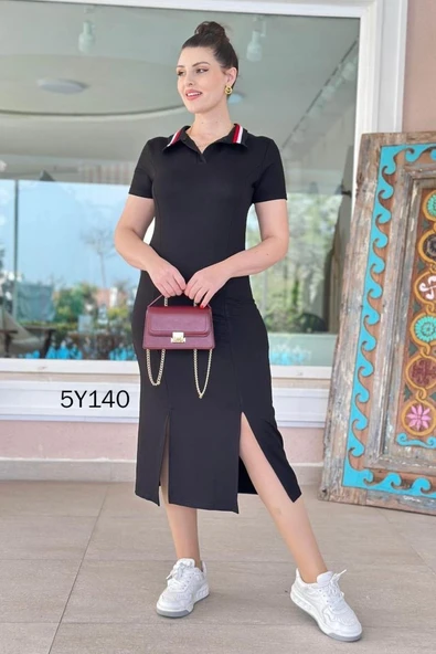 Kadın Yaka Ribanalı Çift Yırtmaçlı Elbise - Resim 9