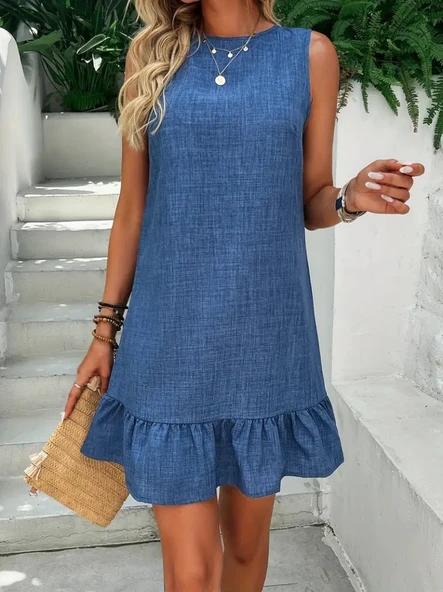 Kadın Kolsuz Bisiklet Yaka Fırfırlı Sofya Elbise - Resim 8