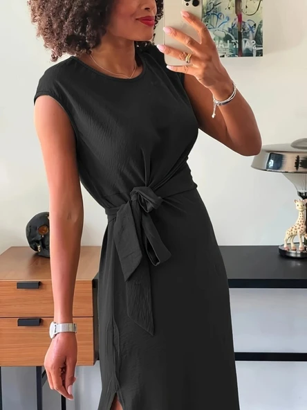 Kadın Kısa Kollu Yuvarlak Yaka Belden Bağcıklı önden Yırtmaçlı Aerobin Elbise - Resim 6