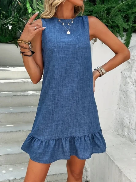 Kadın Kolsuz Bisiklet Yaka Fırfırlı Sofya Elbise ürün görseli