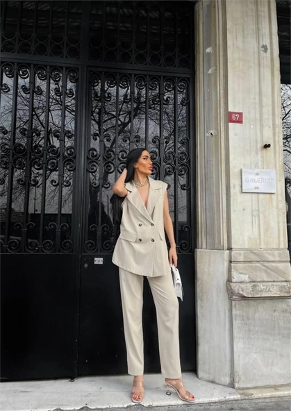 ÇİZGİLİ UZUN YELEK - PANTOLON TAKIM POLVİSCON - Bej - Resim 3