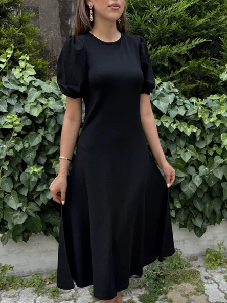 Kadın Kısa Balon Kollu Bisiklet Yaka Geniş Kesim Janjan Krep Elbise - Resim 2