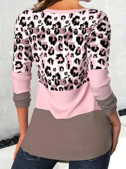 Kadın Uzun Kollu V Yakalı Leopar Baskılı şardonlu Dalgıç Bluz - Resim 2