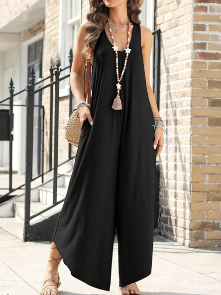 Kadın Askılı Yuvarlak Yaka Cepli Salaş Uzun Viskon Tulum - Resim 11