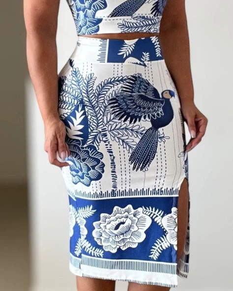 Kadın Sıfır Kollu Yuvarlak Yaka çiçekli Desenli Süprem Crop Ve Yırtmaçlı Etek Ikili Takım - Resim 3