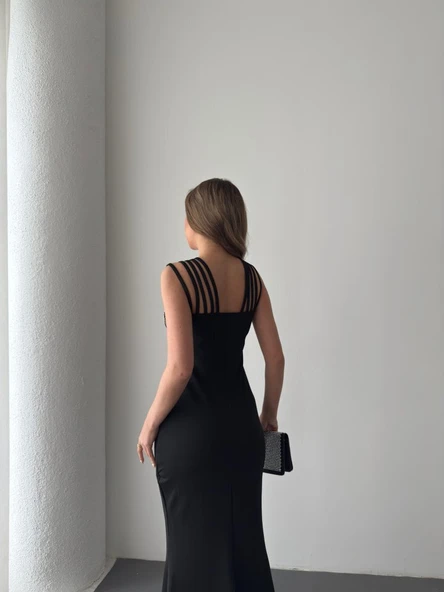 Kadın Omuz çoklu Askılı önü Taş Işlemeli Balık Kesim Janjan Krep Maxi Boy Elbise - 10