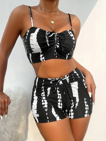 Kadın Büzgü Detay Askılı Crop Mini Tayt Ikili Takım ürün görseli