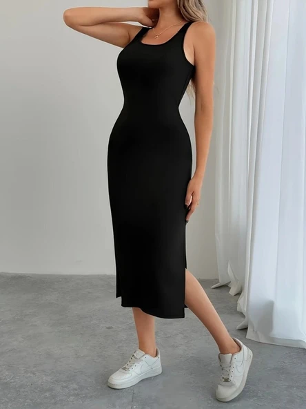 Kadın Askılı Yuvarlak Yakalı Yandan Yırtmaçlı Arkası Dantel Detaylı Viskon Elbise - Resim 6