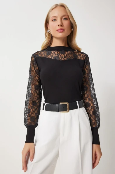Kadın Uzun Kollu Dantel Detay Bluz - Resim 3