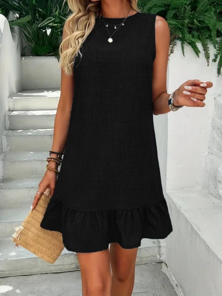 Kadın Kolsuz Bisiklet Yaka Fırfırlı Sofya Elbise - Resim 8