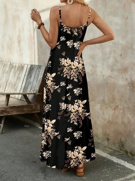 Kadın Ip Askılı V Yakalı çiçek Desenli Süprem Elbise - Resim 7