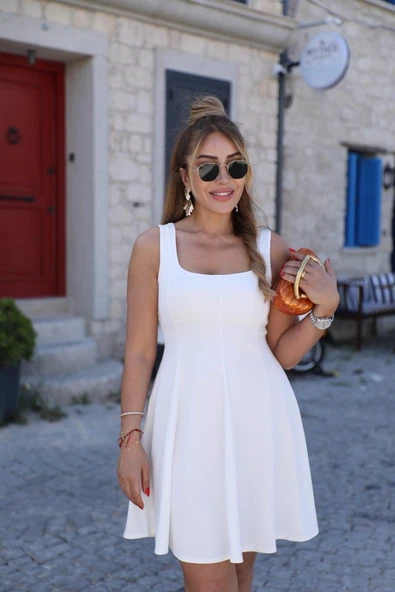 Kadın Kare Yaka Mini Elbise - Resim 5