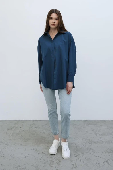 Uzun Kol Gömlek - İndigo - Resim 7