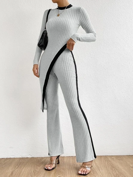 Kadın Uzun Kollu Bisiklet Yaka Asimetrik Kesim Bluz şardonlu Kaşkorse Bluz Ve Pantolon Ikili Takım - Resim 5