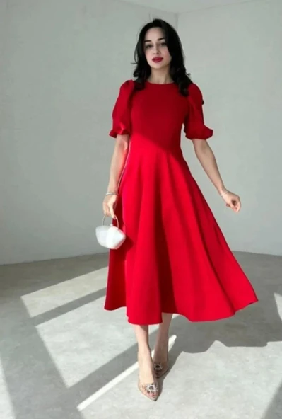 Kadın Kısa Balon Kollu Bisiklet Yaka Geniş Kesim Janjan Krep Elbise ürün görseli