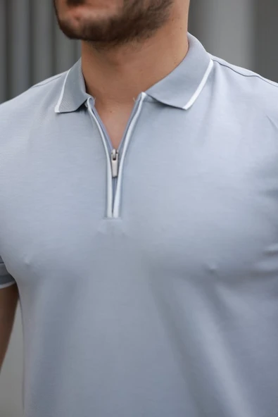 Erkek Fermuar Yakalı çizgi Detaylı Kısa Kollu Tişört - Resim 6