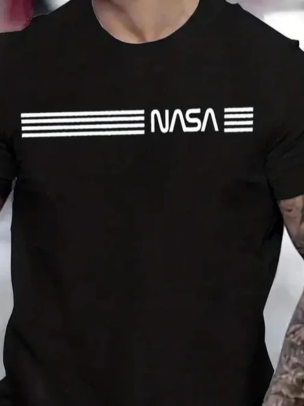 Erkek Kısa Kollu NASA Baskı Bisiklet Yaka T-shirt - 2