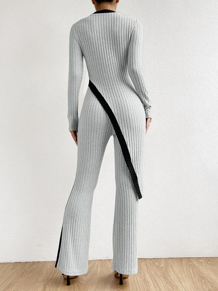 Kadın Uzun Kollu Bisiklet Yaka Asimetrik Kesim Bluz şardonlu Kaşkorse Bluz Ve Pantolon Ikili Takım - Resim 6