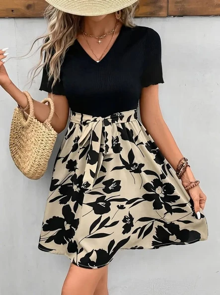 Kadın Kısa Kollu V Yakalı Belden Kuşaklı çiçek Desenli üst Viskon Alt Süprem Elbise - Resim 4