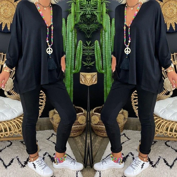 Kadın Uzun Kollu Derin V Yaka ön Kısa Arka Uzun Viskon Bluz - Resim 7