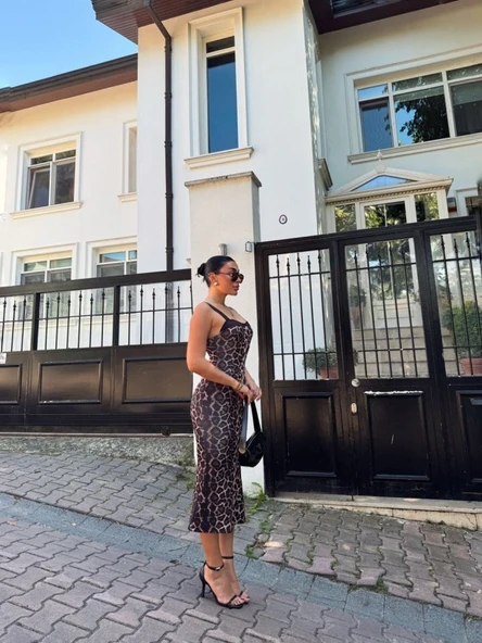 Kadın Dalgıç Kumaş Dijital Leopar Baskılı Midi Boy Elbise - Resim 7