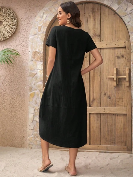 Kadın Kısa Kollu Bisiklet Yaka Düğme Detay Müslim Elbise - Resim 6