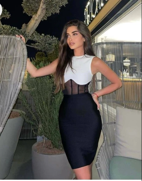 Kadın Bisiklet Yaka Kolsuz çift Renk Ve Bel Transparan Korse Detay Midi Boy Elbise - Resim 13